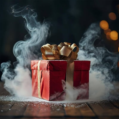 a photo of a wrapped present with a bow that has smoke coming out of its corners-2